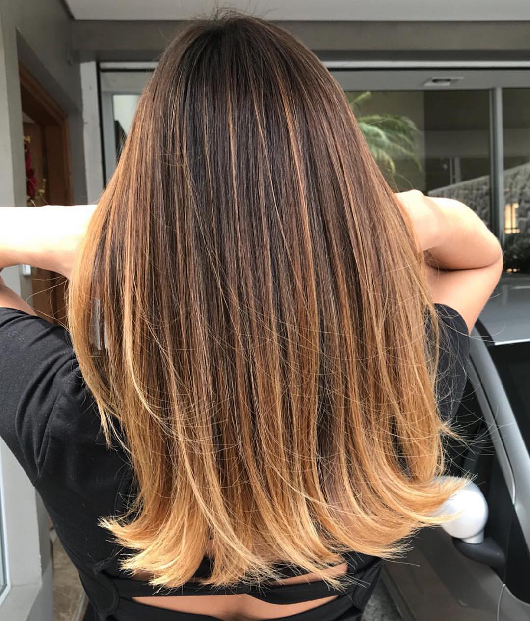 Long Dark Hair With Copper Balayage