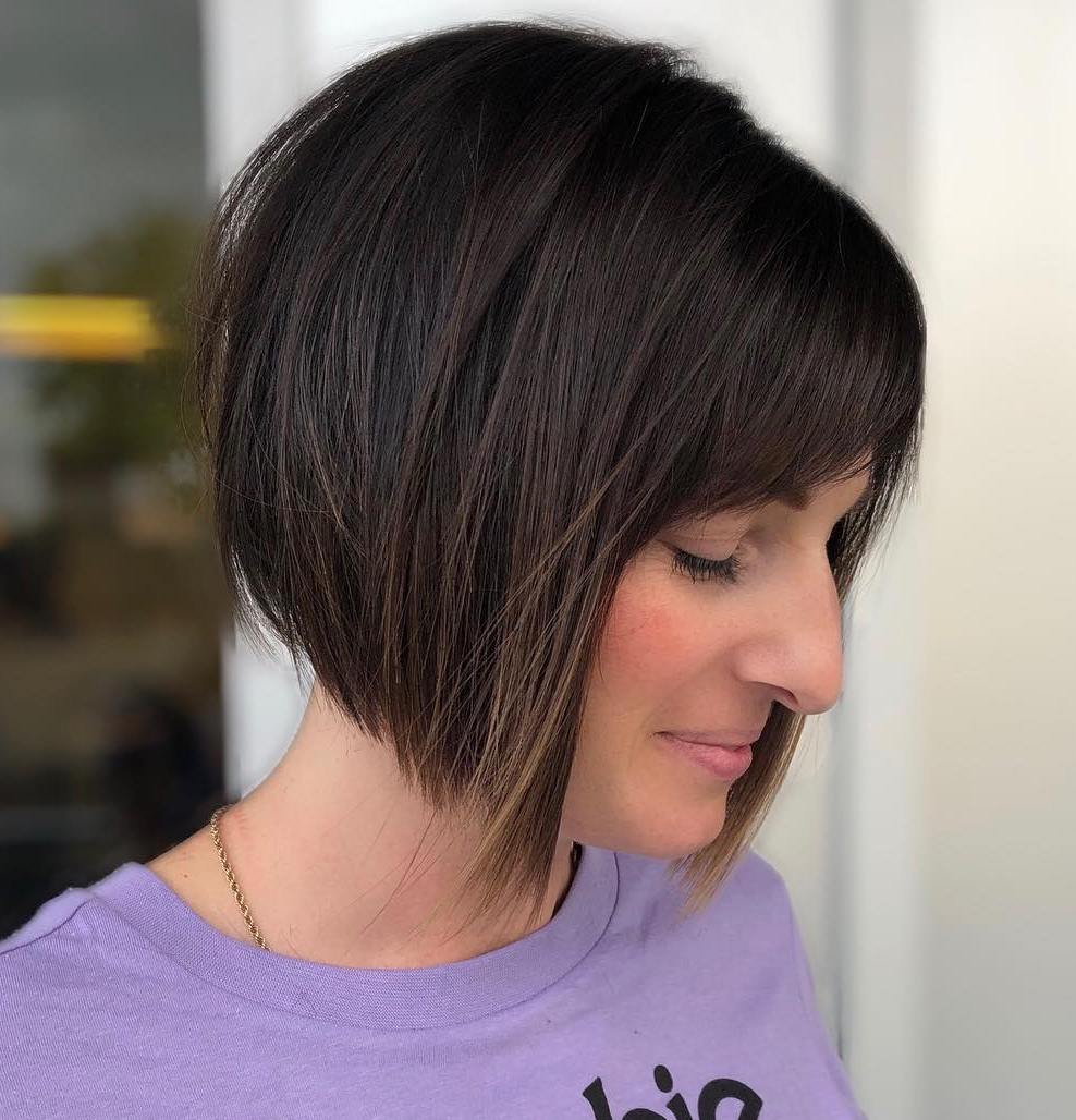 Angled Textured Brunette Bob With Bangs