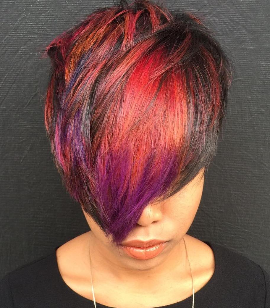 Brunette Pixie With Red And Purple Highlights