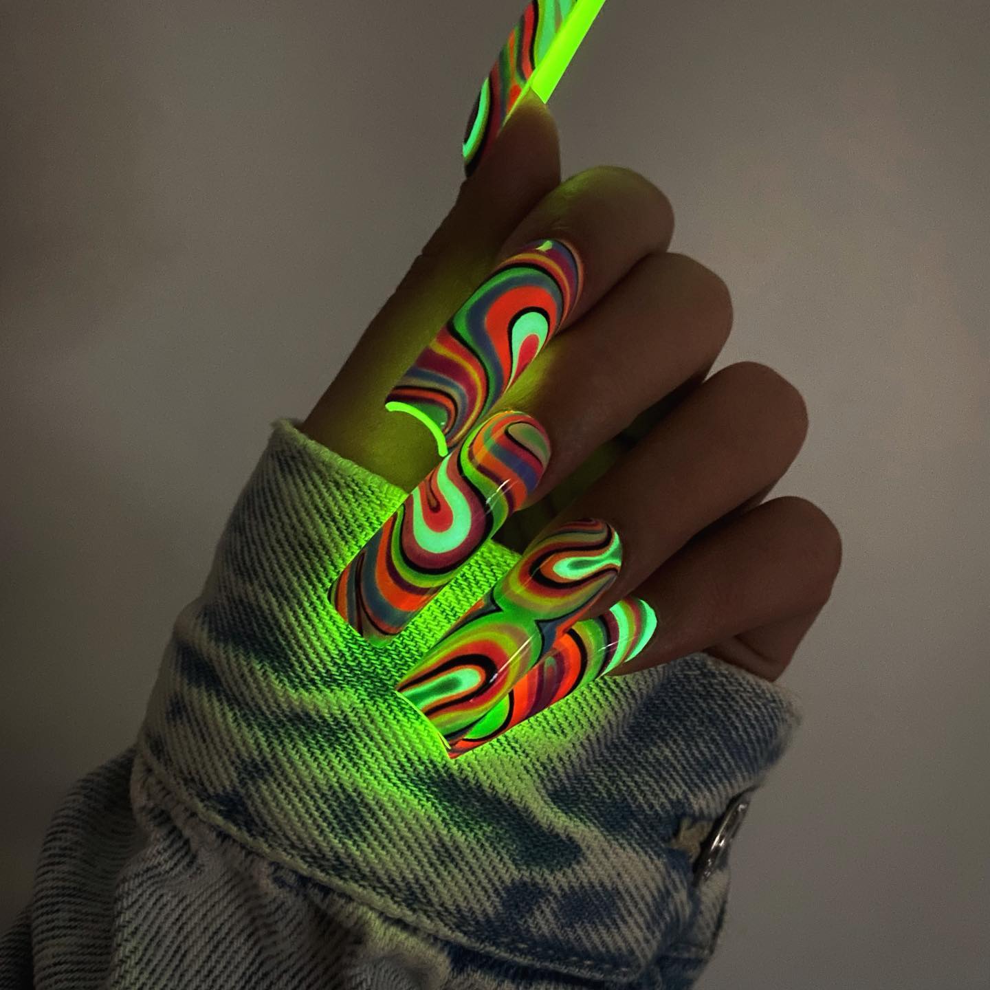 Acrylic Glow in the dark Nails with Swirls