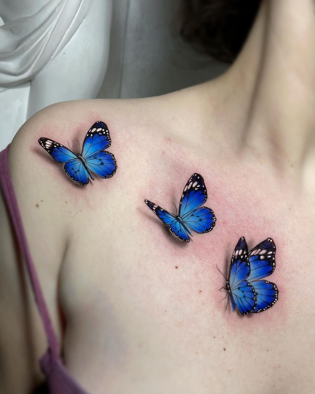 Blue 3D Butterfly Tattoo on Shoulder for Women