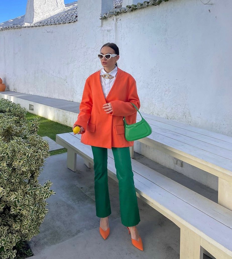 Bright Green Leather Pants with Orange Jacket