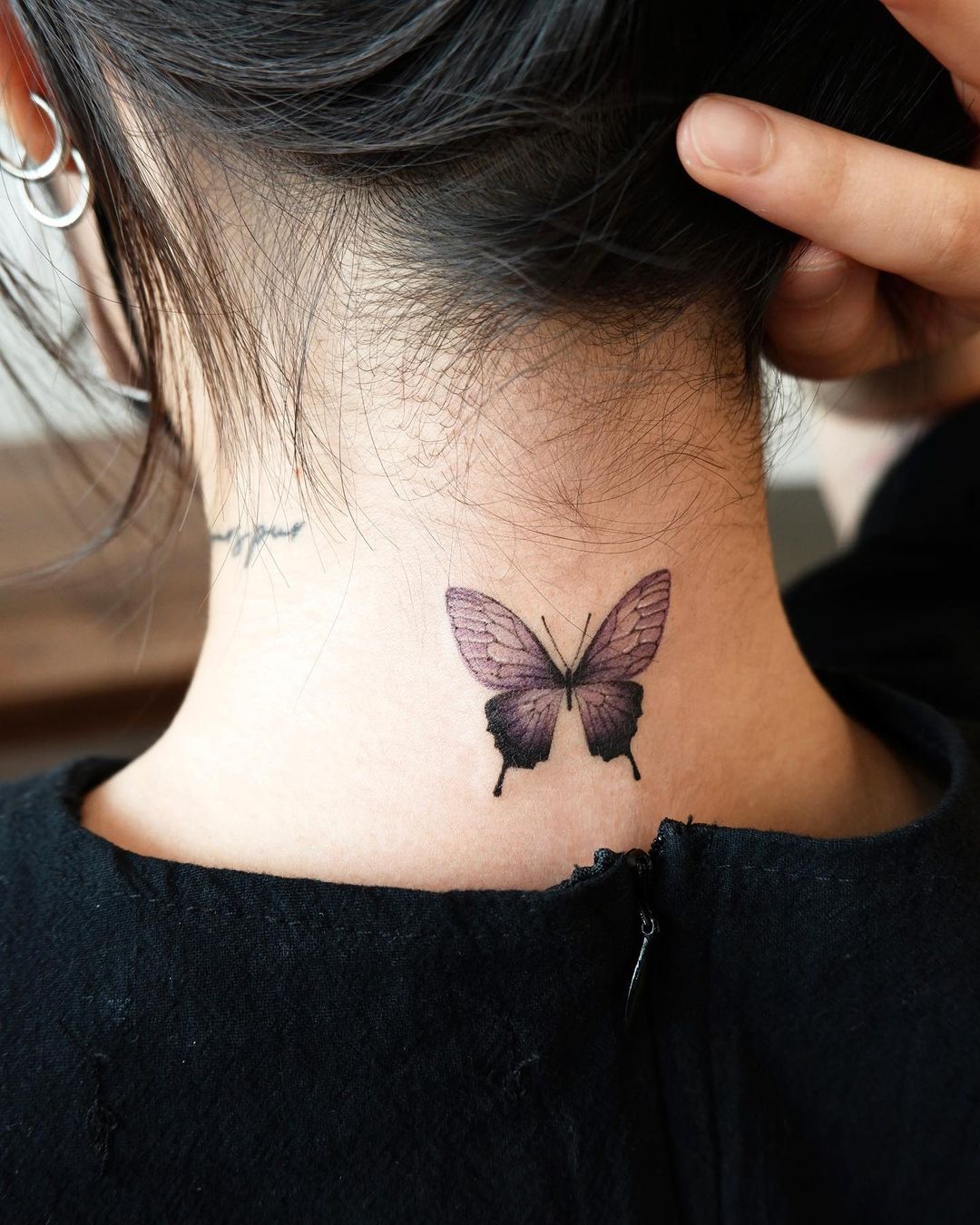 Pastel purple butterfly neck tattoo  Neck tattoos women Pretty tattoos  for women Butterfly neck tattoo
