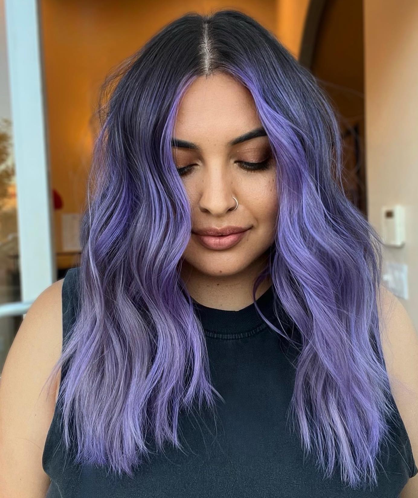 Dark Lavender Highlights on Long Dark Hair