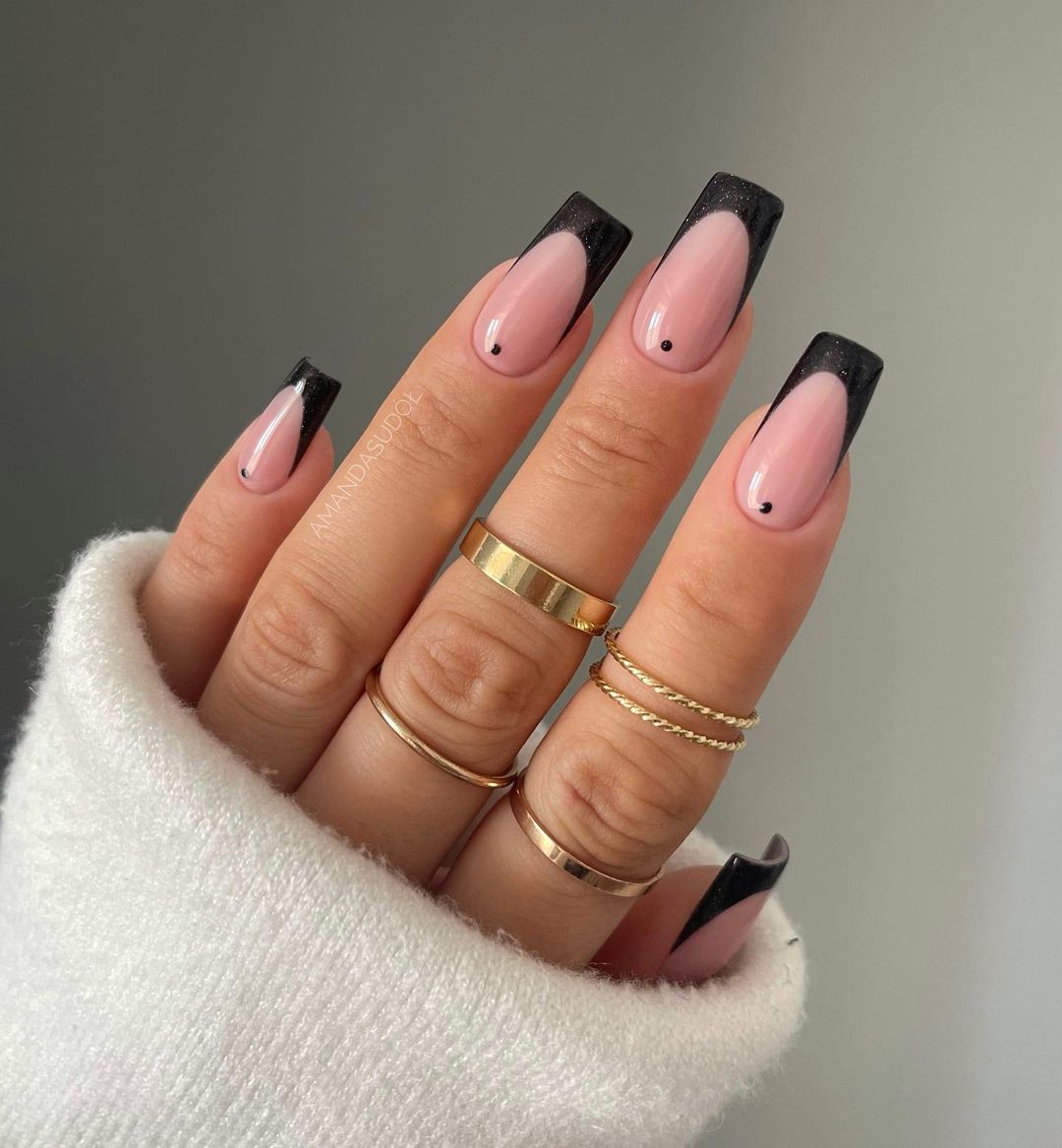 Long Square Black French Tip Nails