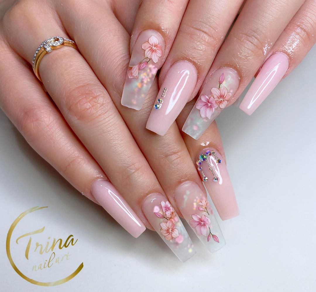 Long Square Pastel Nails with Cherry Blossom Design