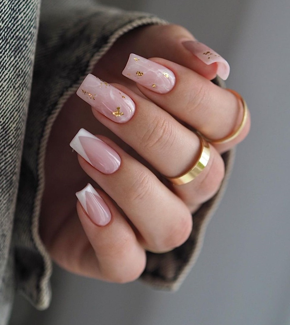 Long Square Pink Nails with Gold Foil