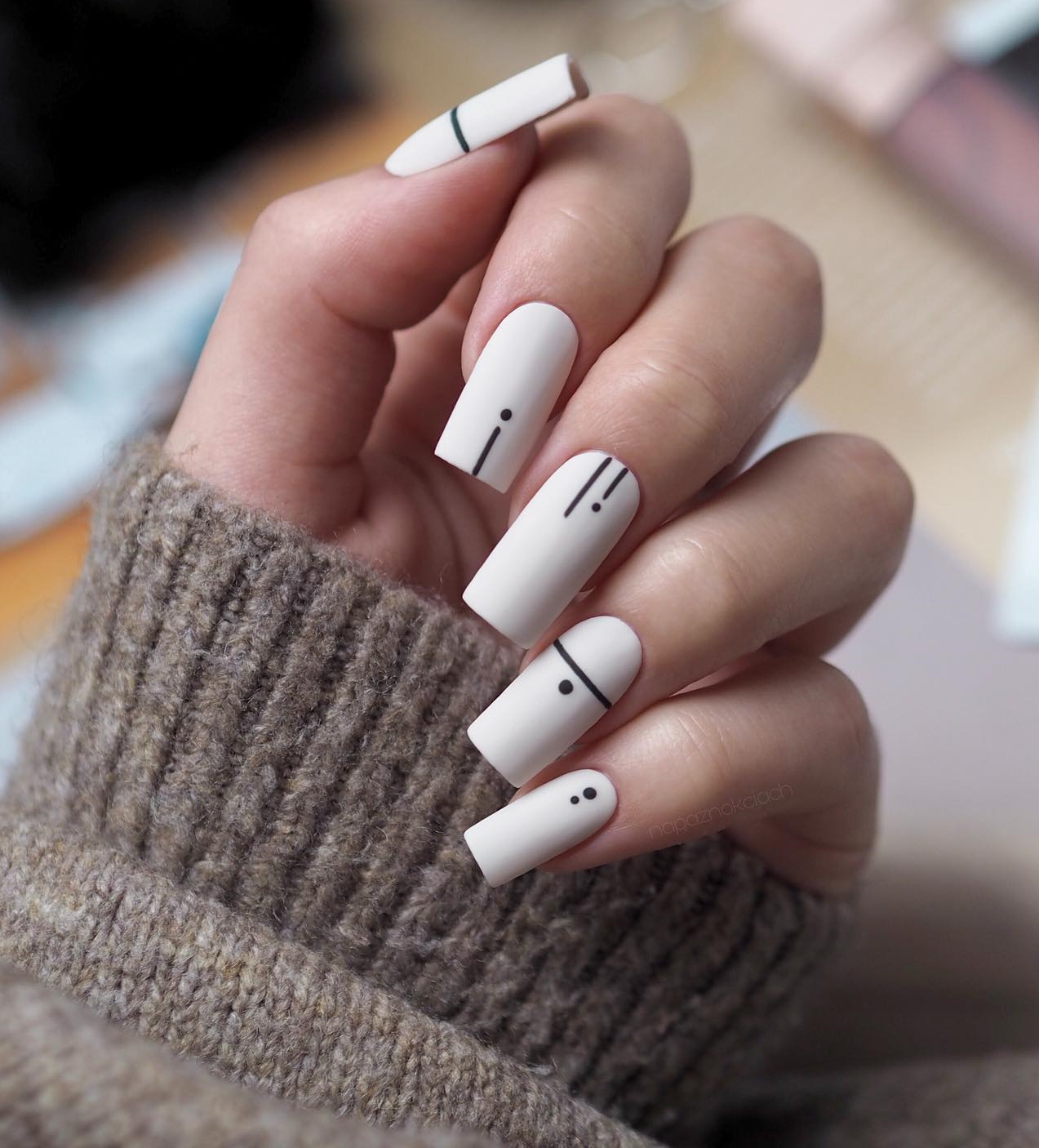 Long Square White Nails with Geometric Lines