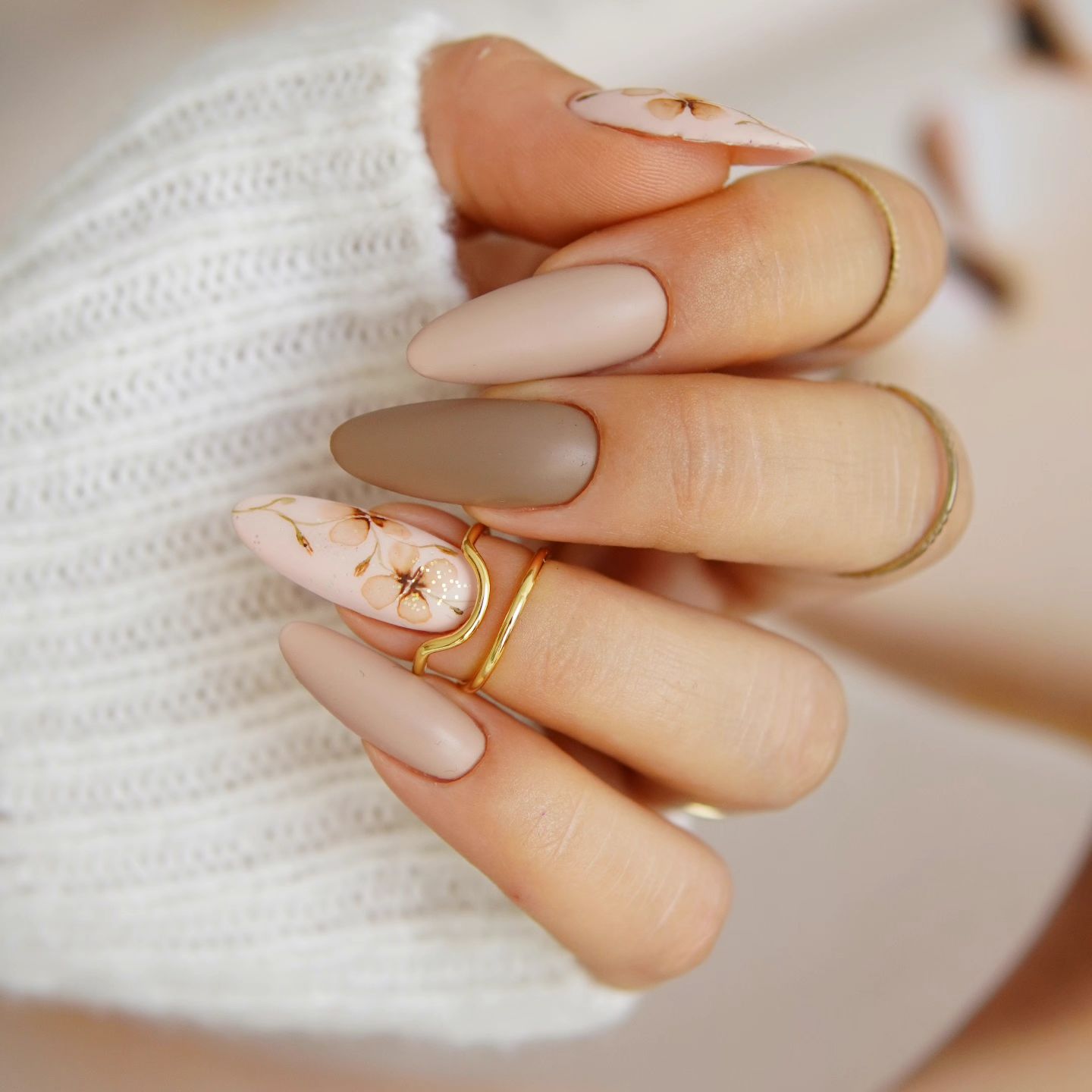 Oval Light Brown Nails with Floral Design