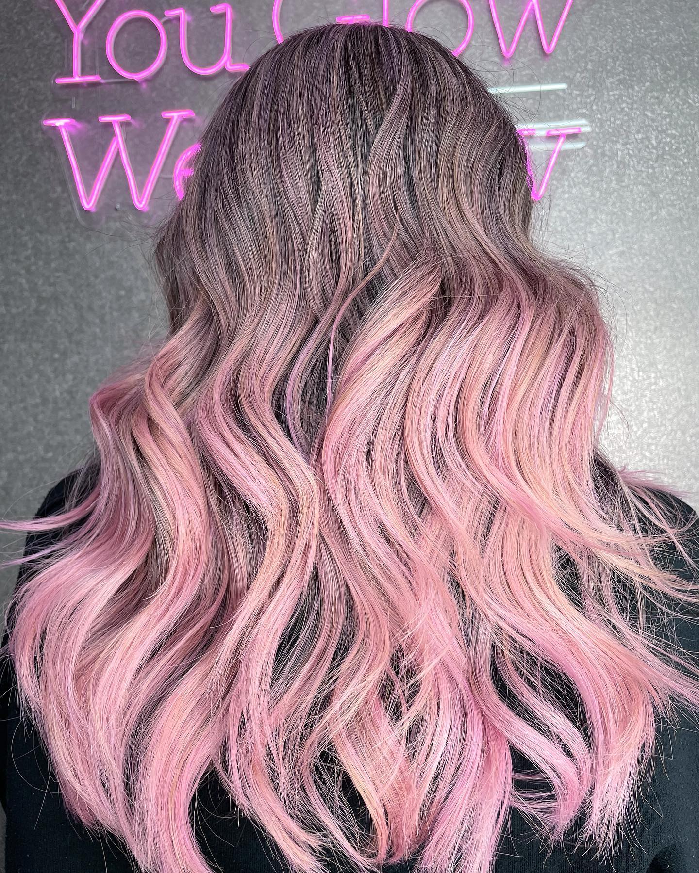 Pastel Pink Highlights on Shoulder Length Blonde Hair