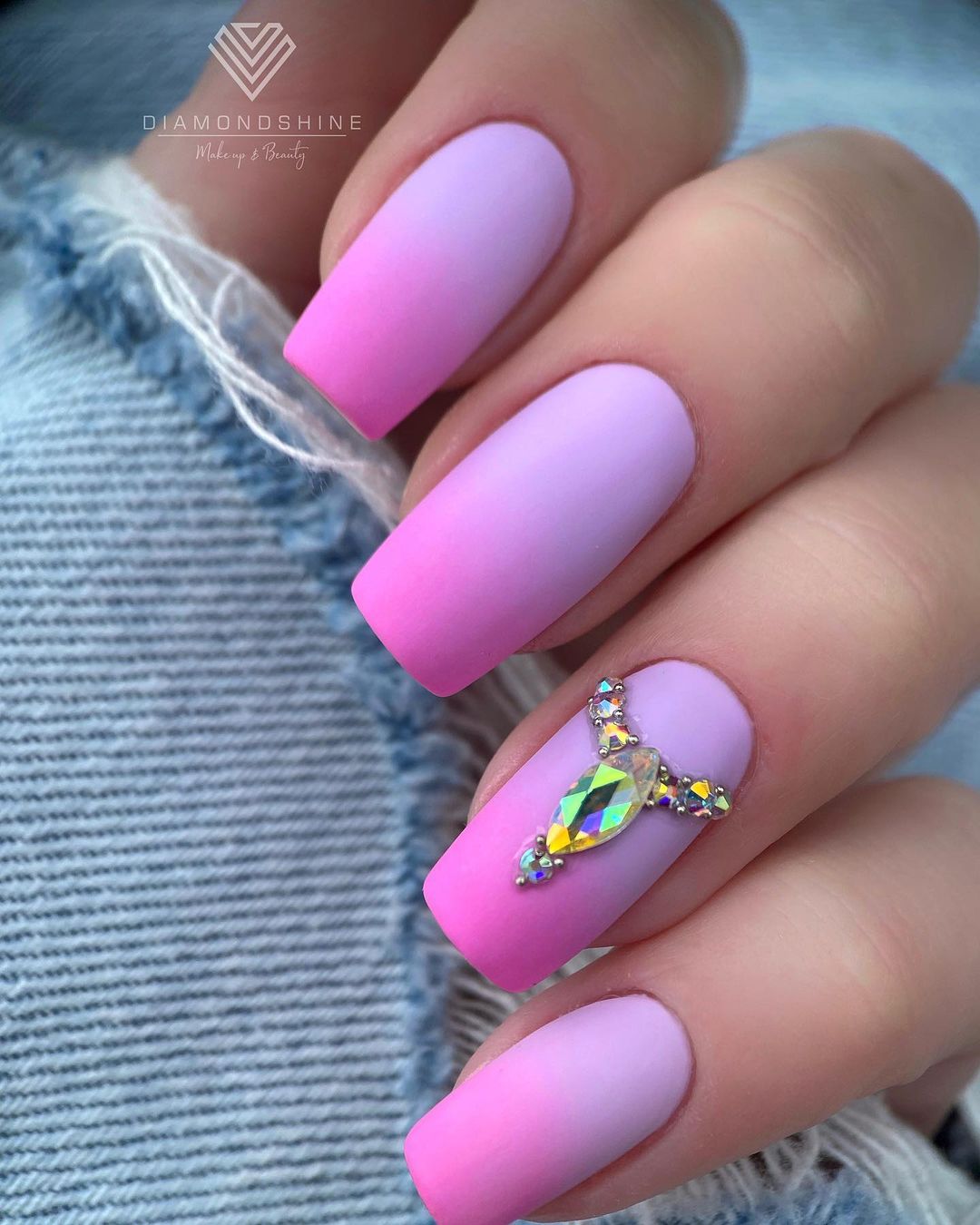 Pink Ombre Matte Nails with Diamonds