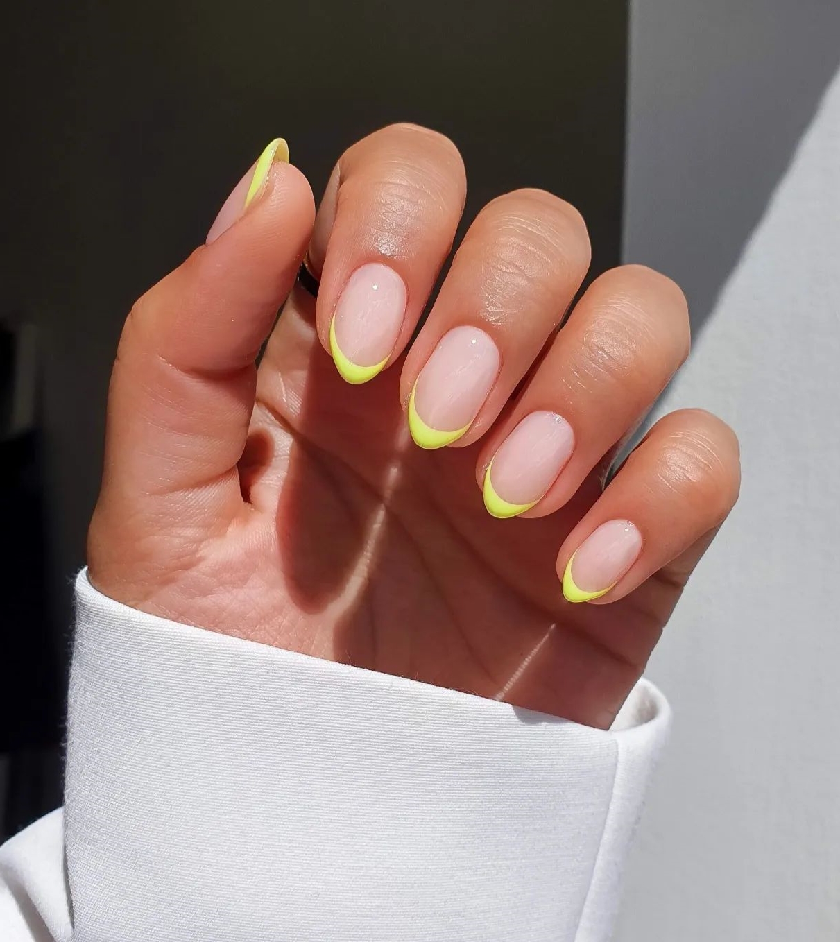 Short Almond Nails with Yellow French Tips