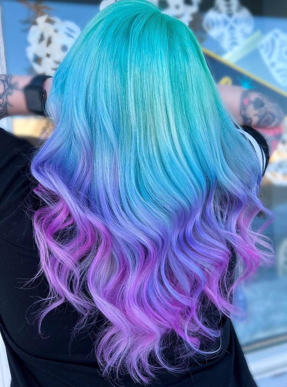 Aqua to Lavender Purple Ombre on Long Wavy Hair