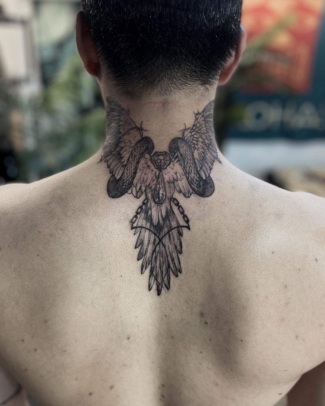 0Back Neck Black and White Eagle Tattoo for Men