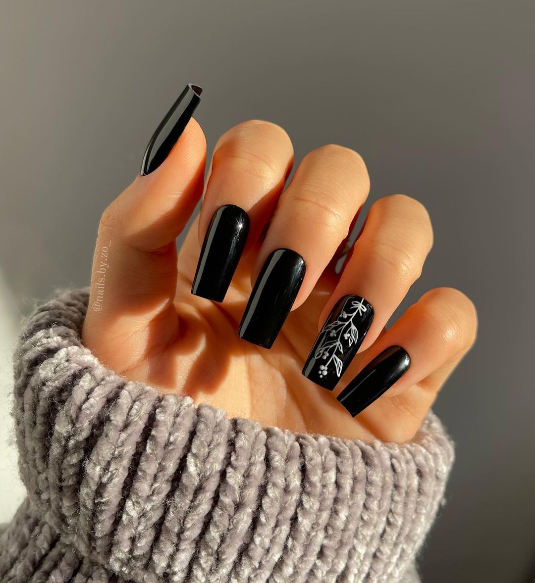 Black Square Nails with White Floral Design