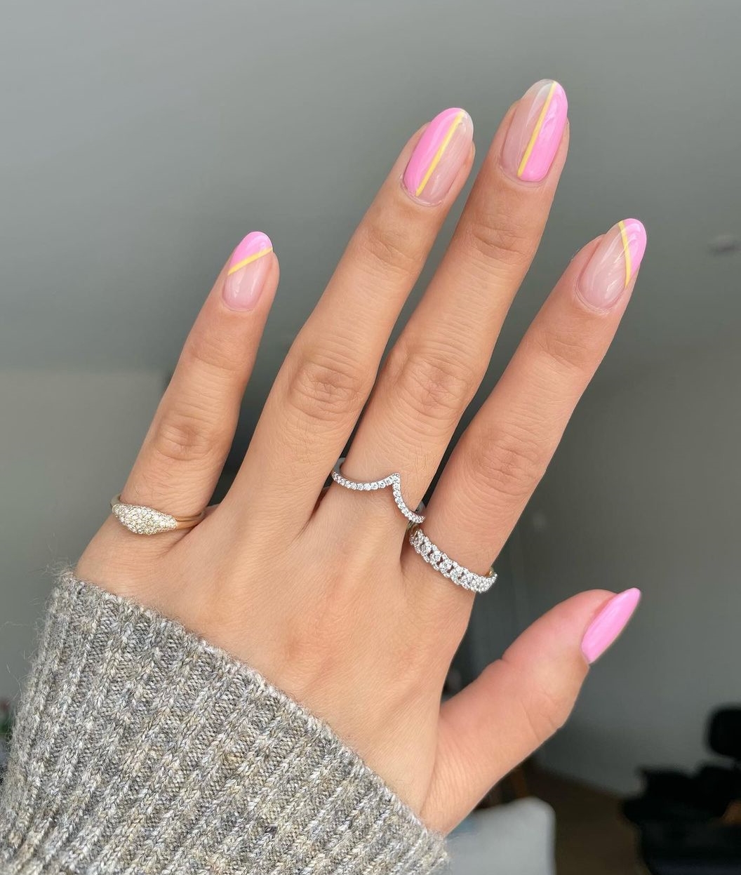 Clear Pink Nails with Yellow Lines