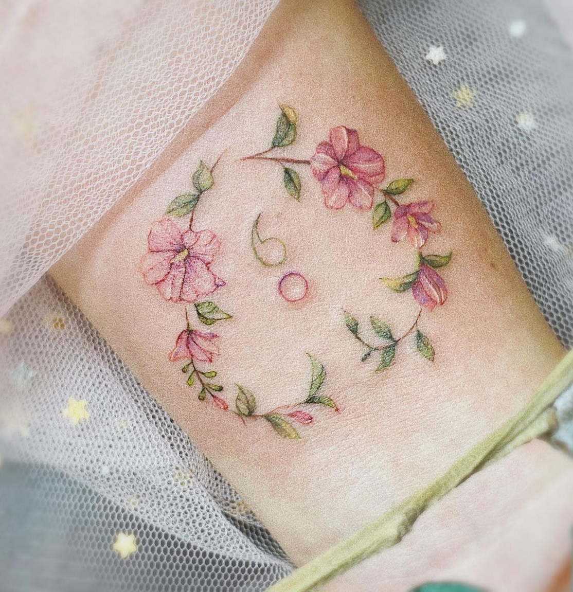 Colorful Semicolon Tattoo with Hibiscus Flowers