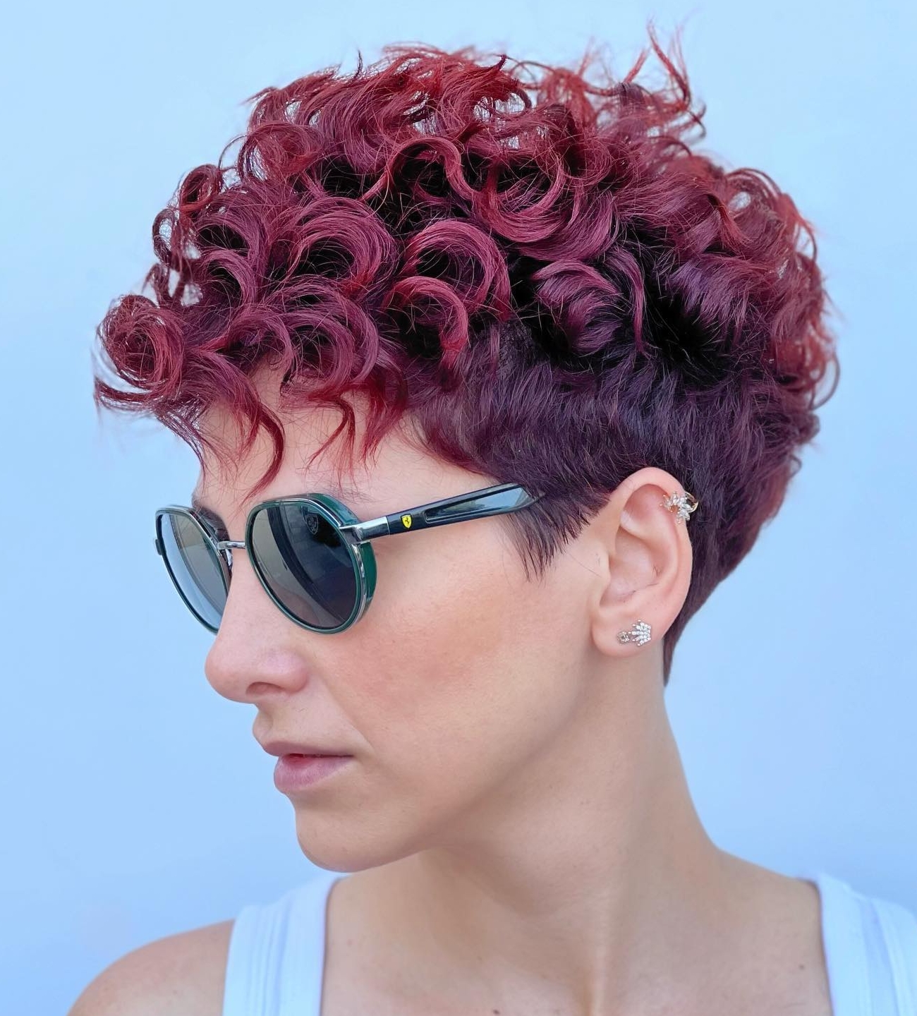 Disconnected Curly Pixie Cut on Burgundy Color