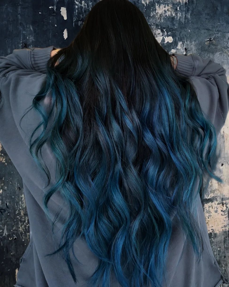 Long Black Hair with Dark Blue Highlights