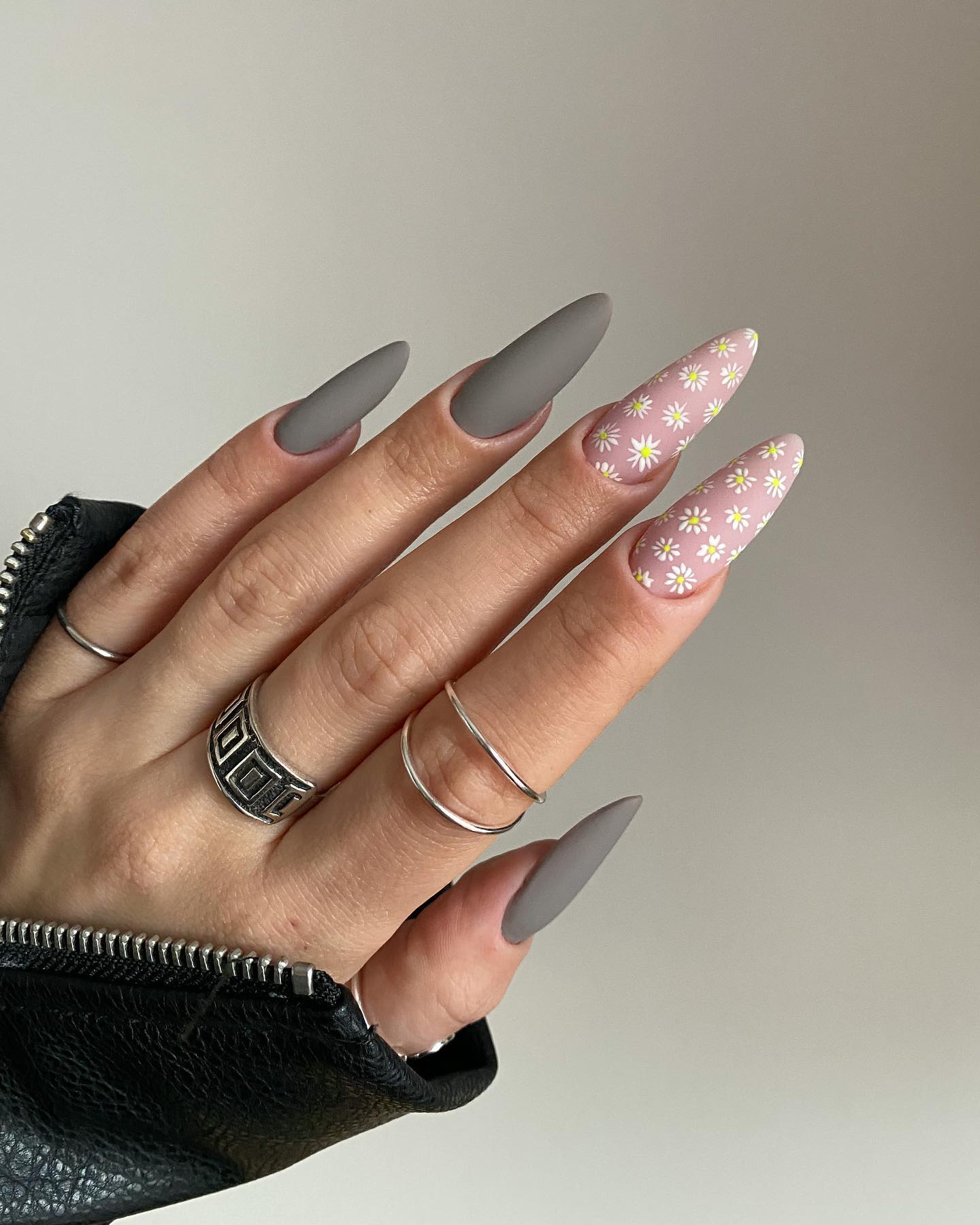 Long Grey Matte Nails with Floral Design