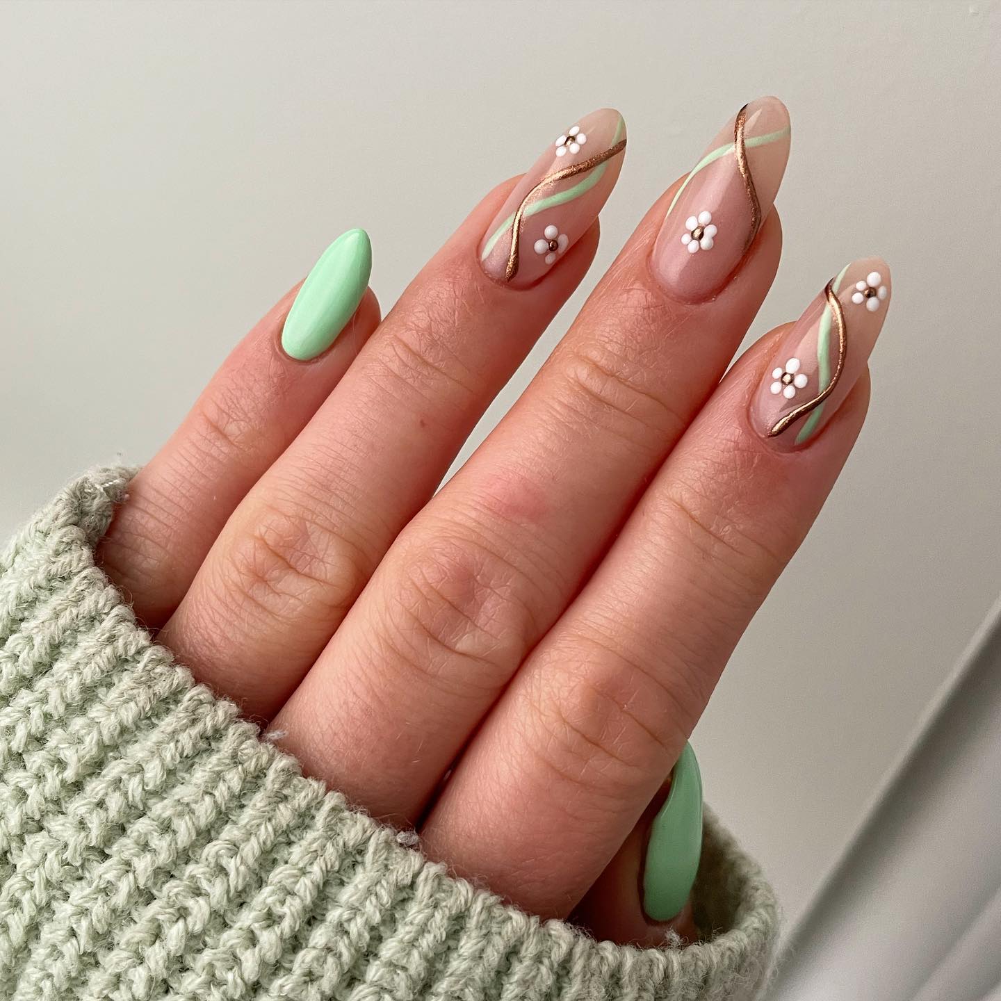 Long Spring Nail Design with Flowers and Swirls