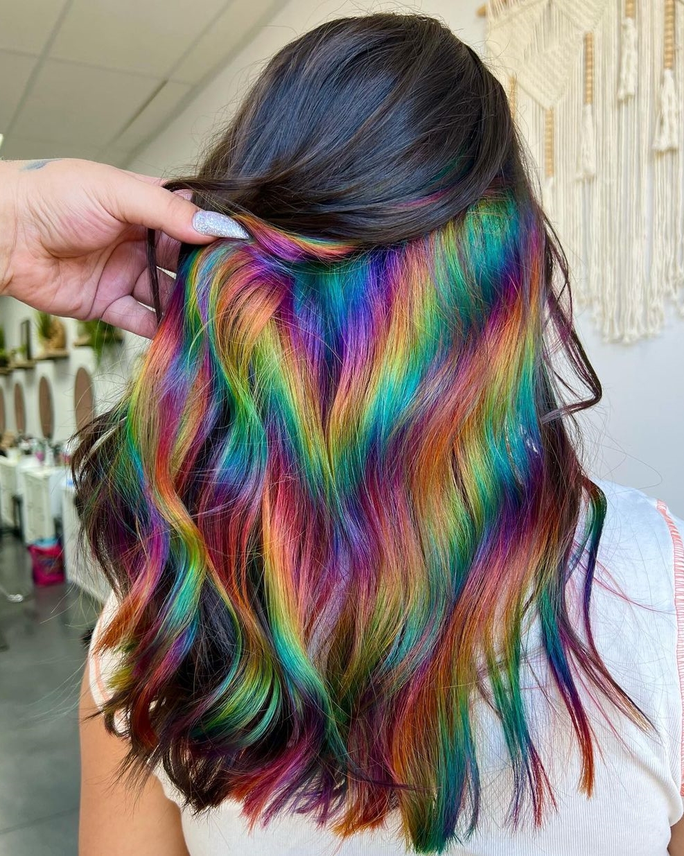 Rainbow Peekaboo Highlights on Long Dark Brown Hair