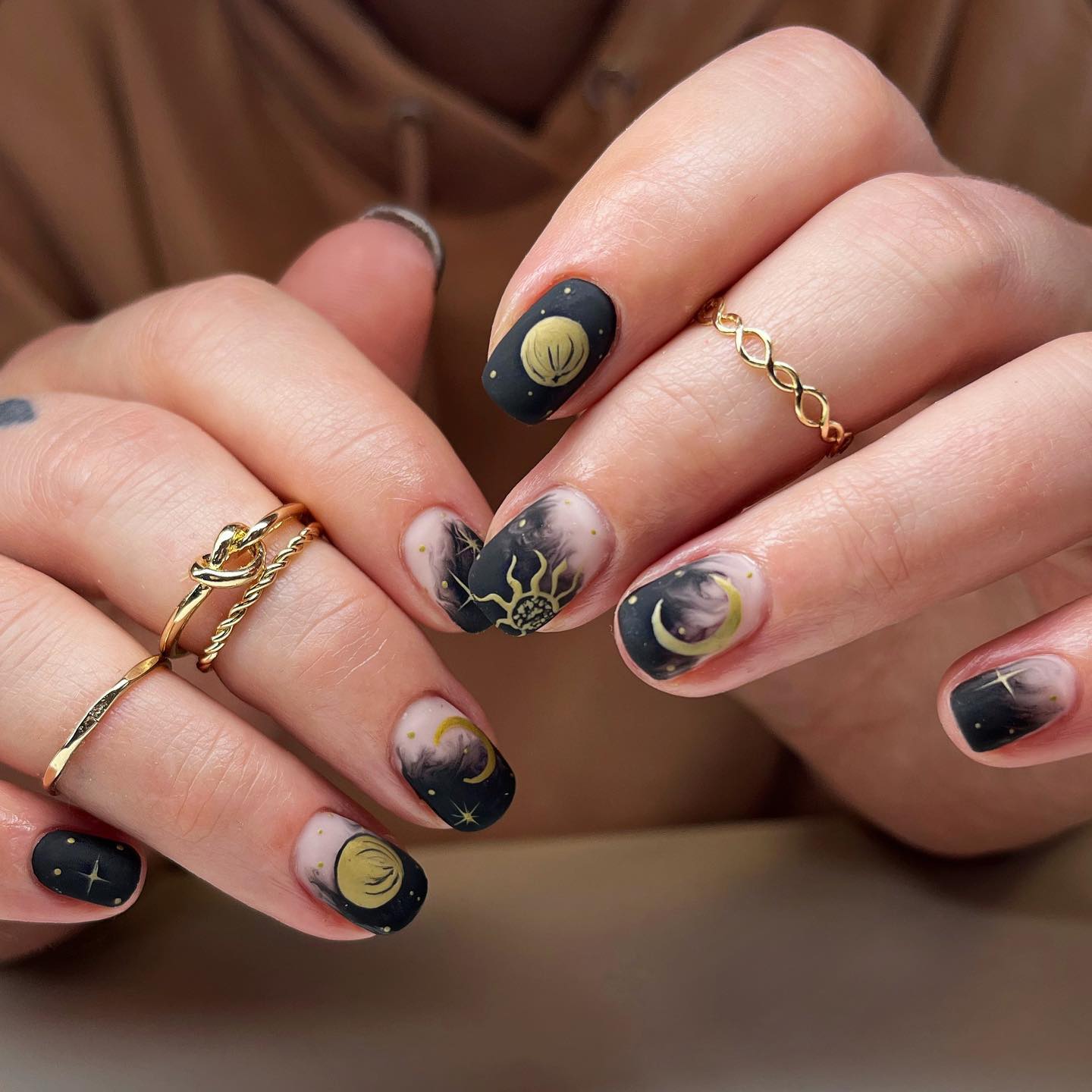 Short Matte Galaxy Black Nails with Gold Moon