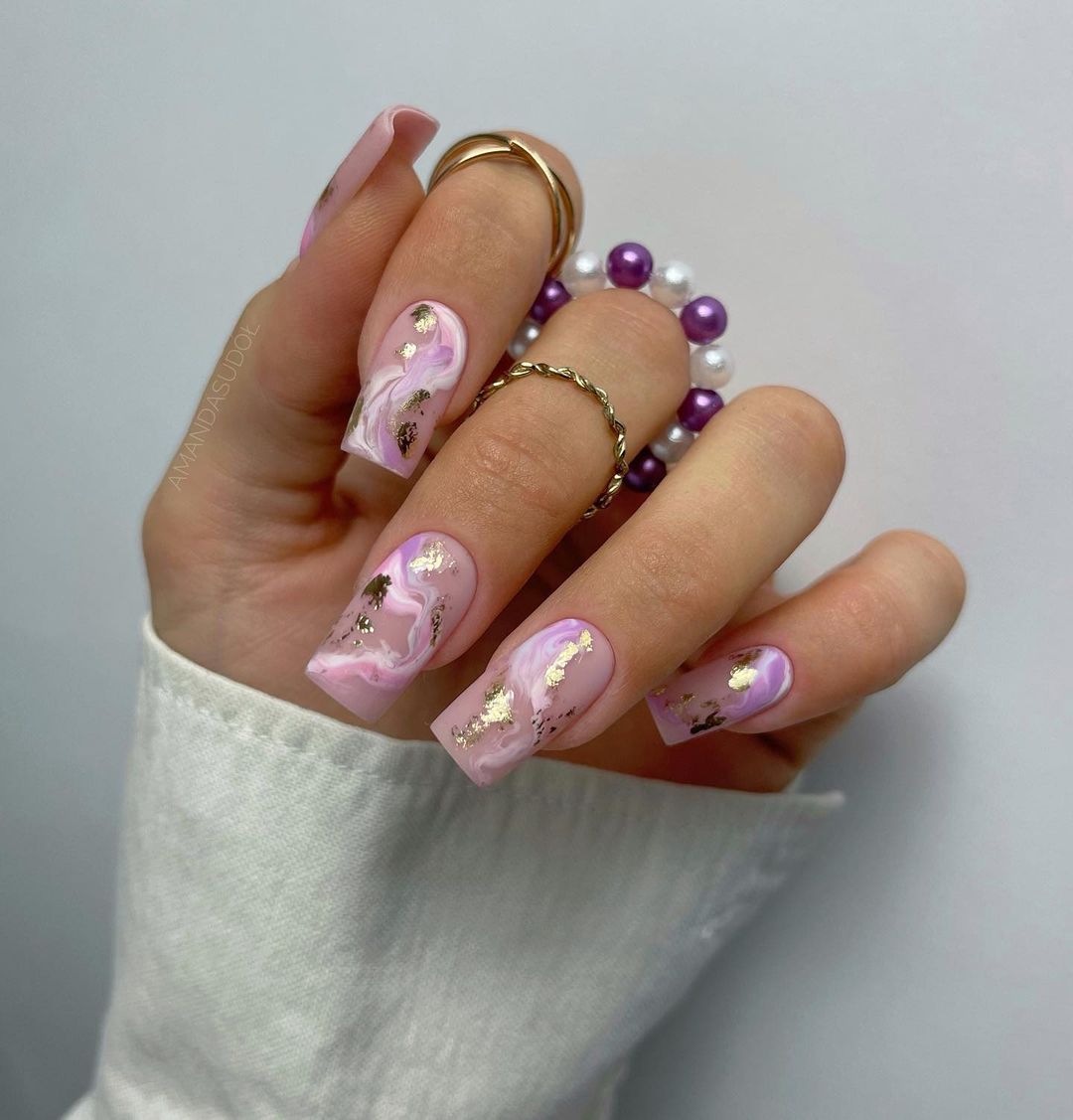 Square Pink Marble Nails with Gold Foil