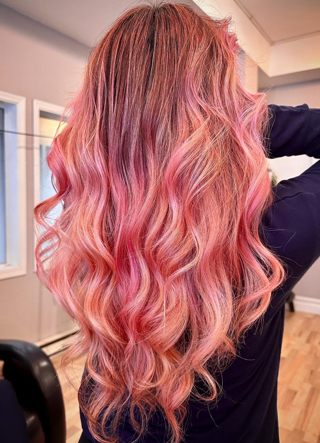 Strawberry Pink Color on Long Wavy Hair