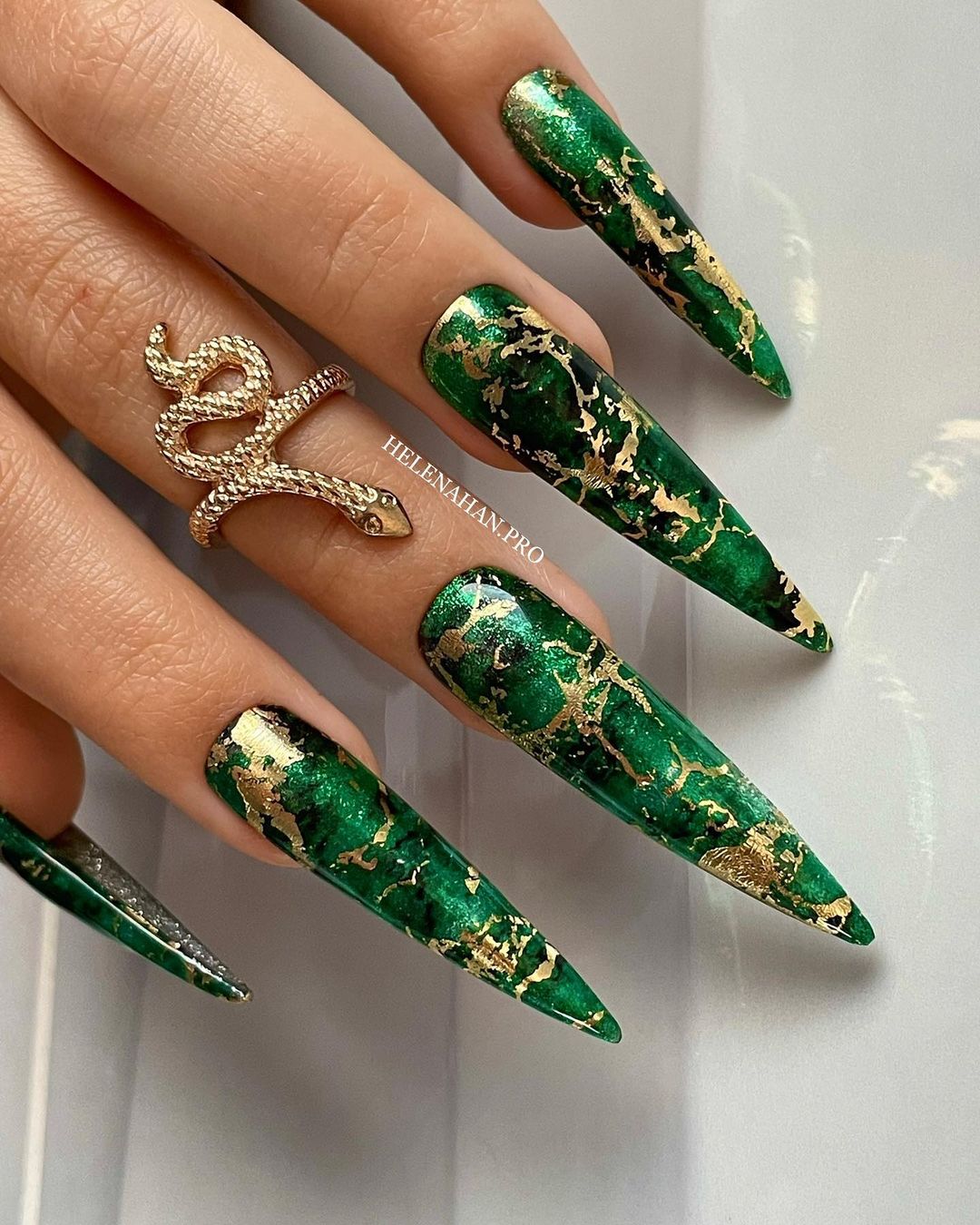 Acrylic Stiletto Nails with Green Marble Design