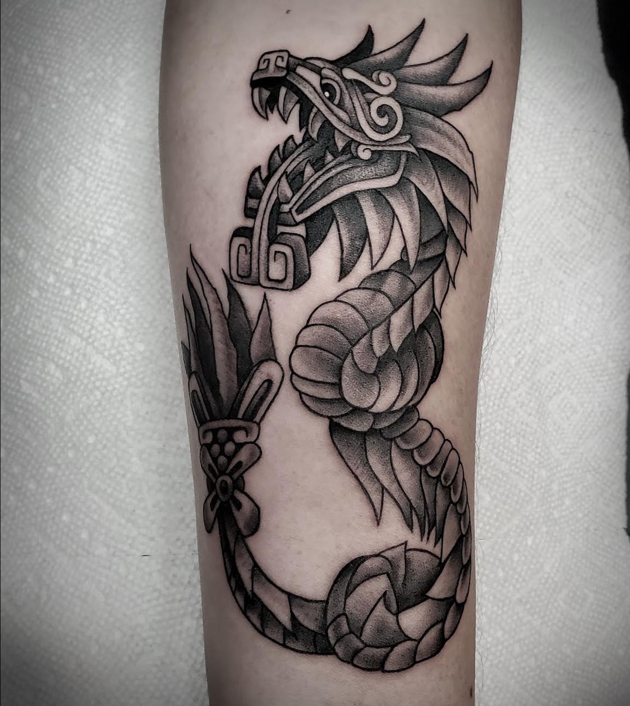 Black Aztec Dragon Tattoo on Arm