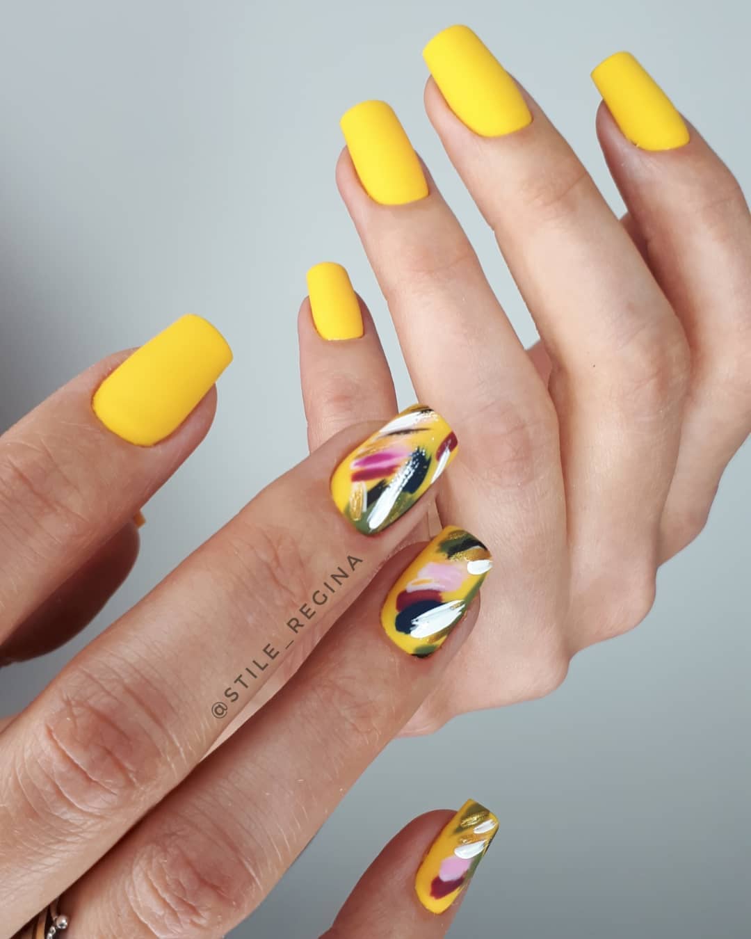 Bright Yellow Matte Nails with Colorful Smears
