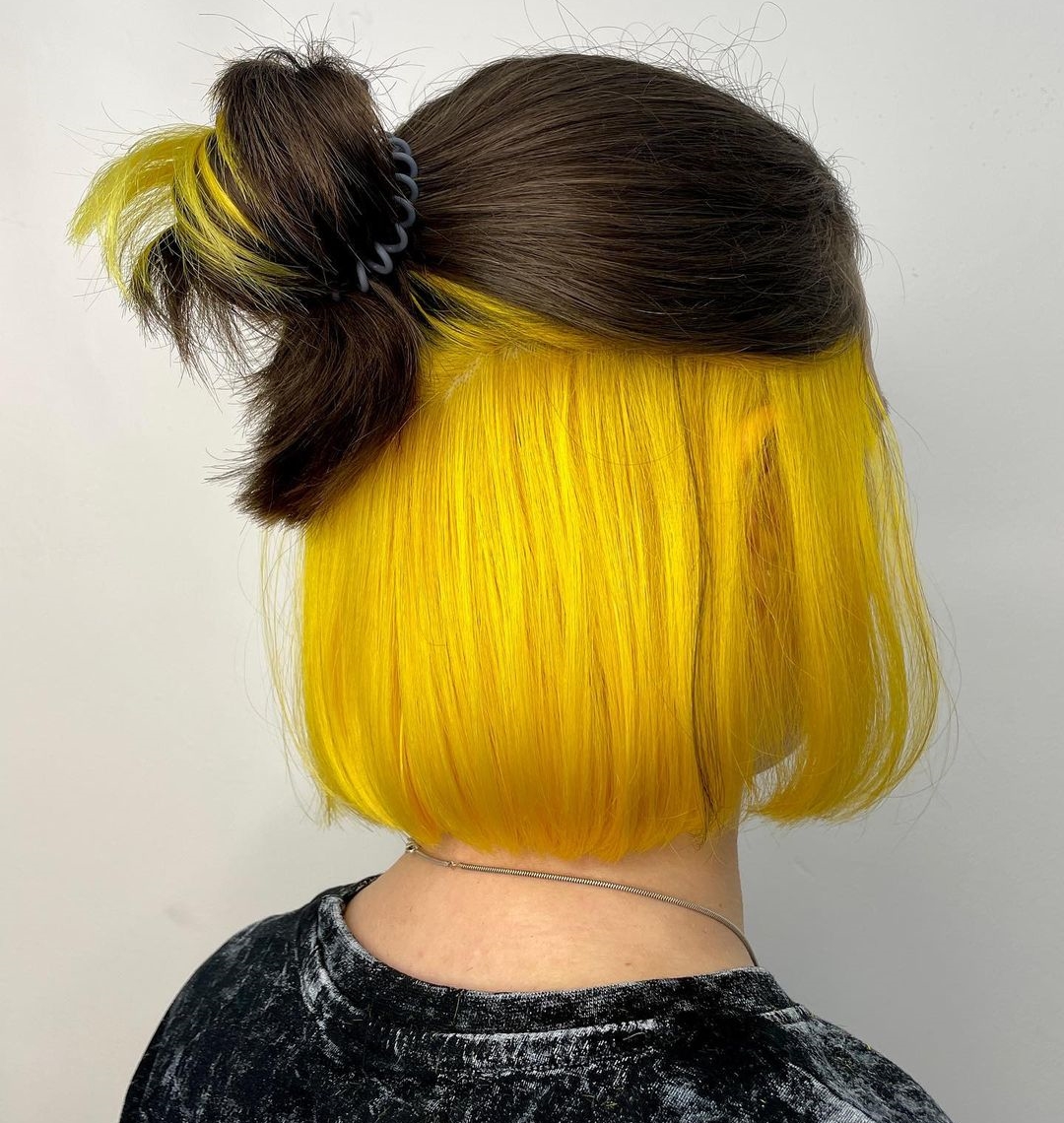 Bright Yellow Peekaboo on Short Brown Hair