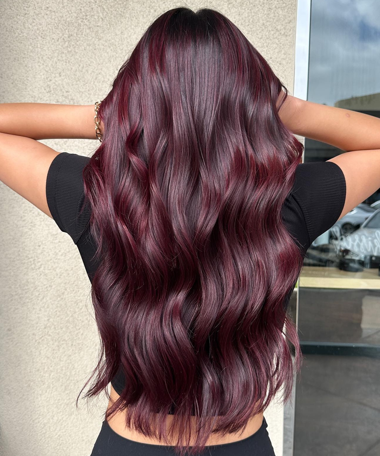 Chocolate Cherry Color on Long Wavy Hair