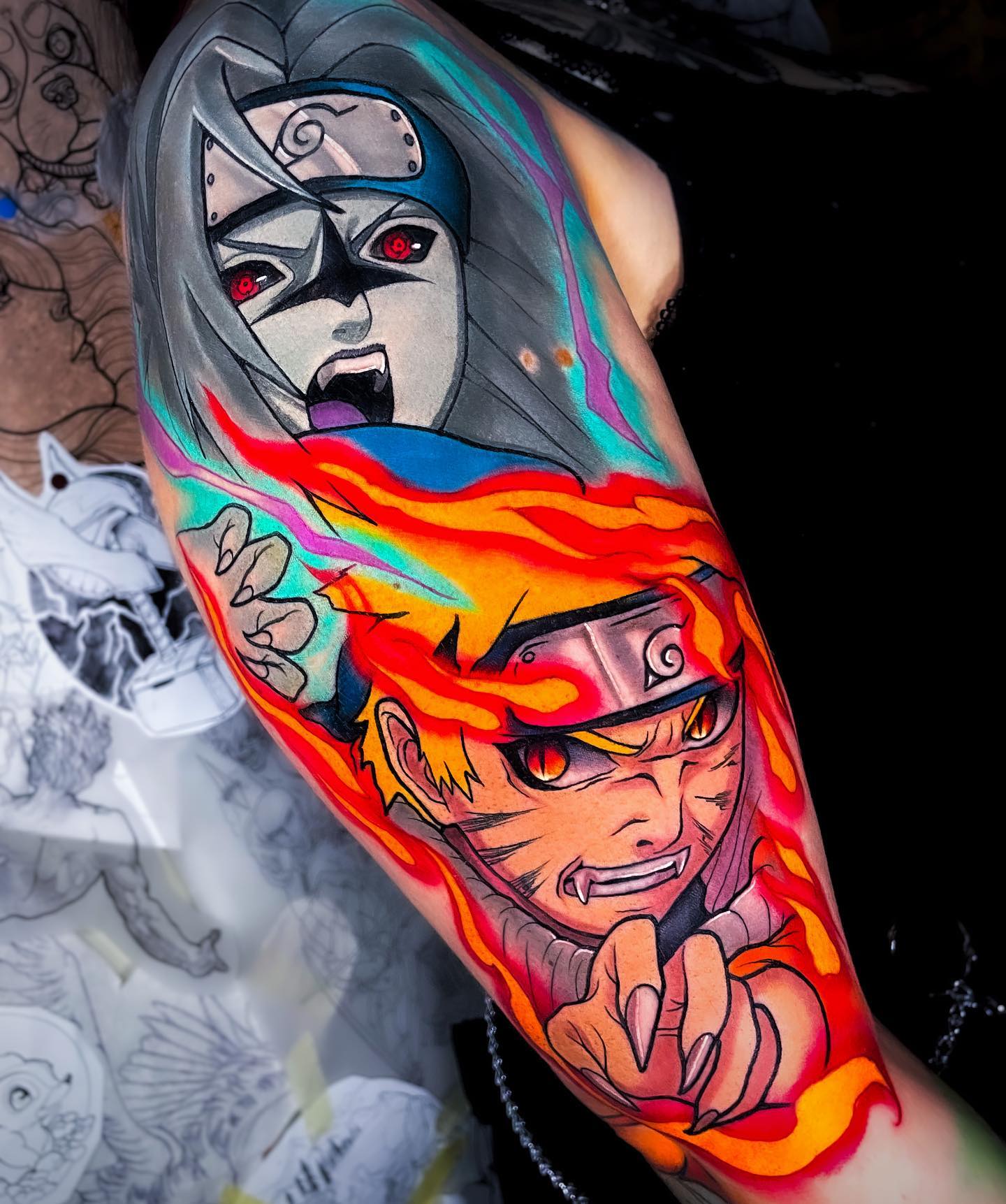 Colorful Naruto And Sasuke Tattoo on Arm