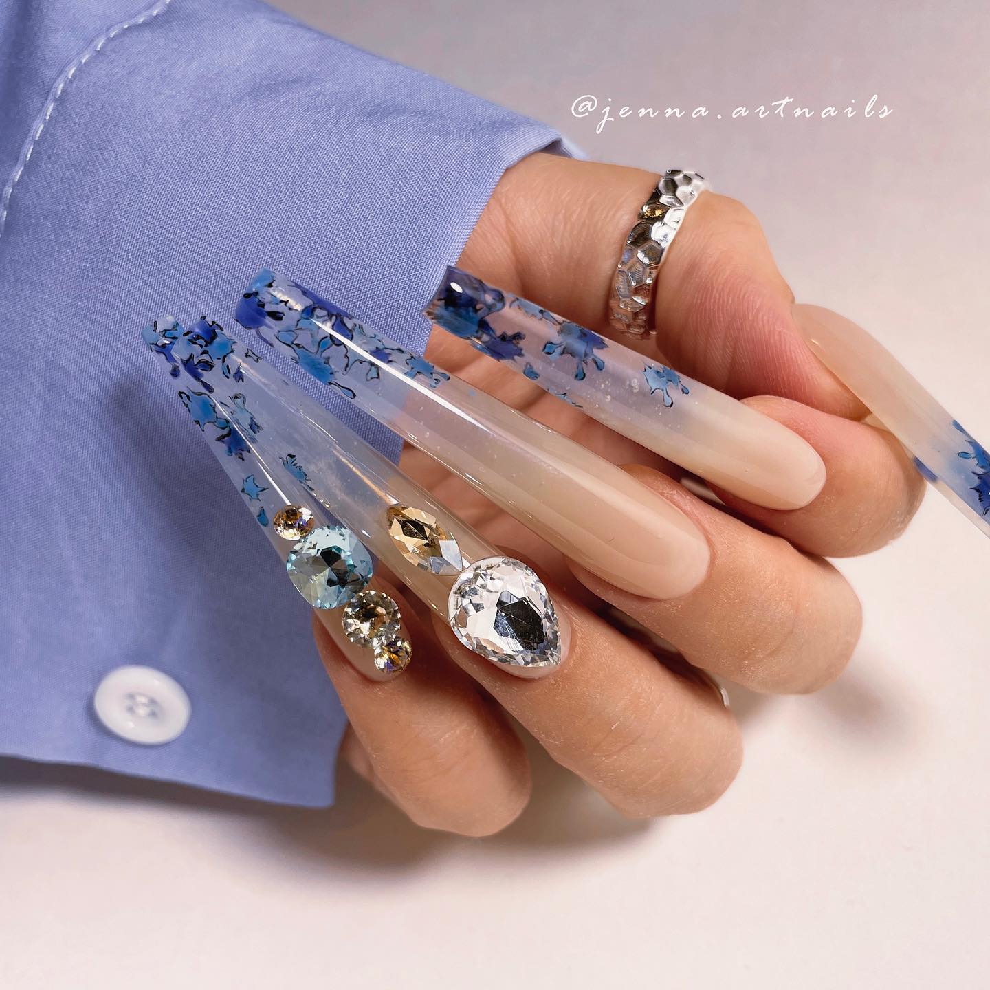 Long Acrylic Nails with Blue Floral Design