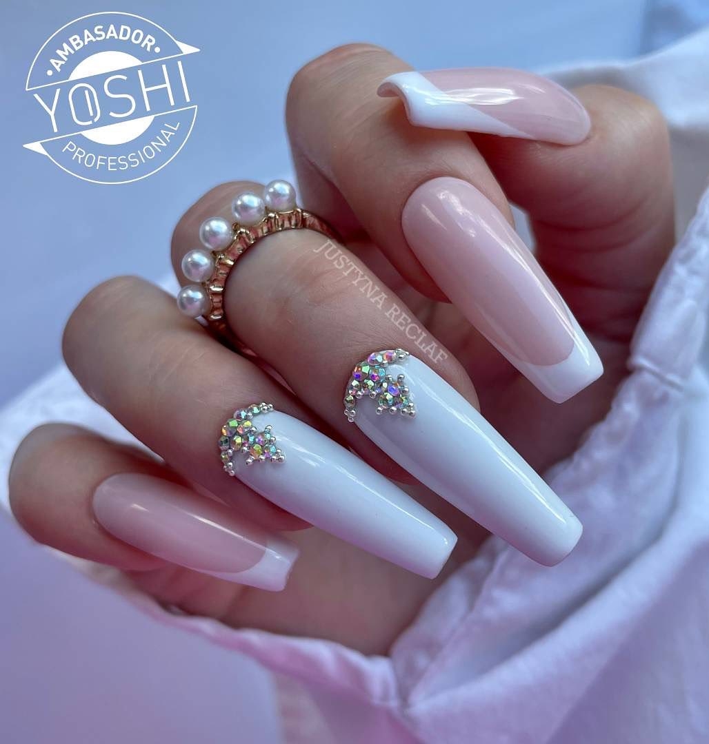 Long Acrylic White Nails with Rhinestones