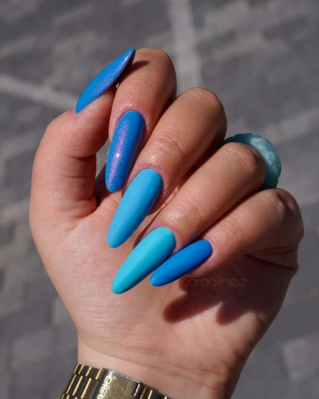 Long Neon Blue Nails with Glitter