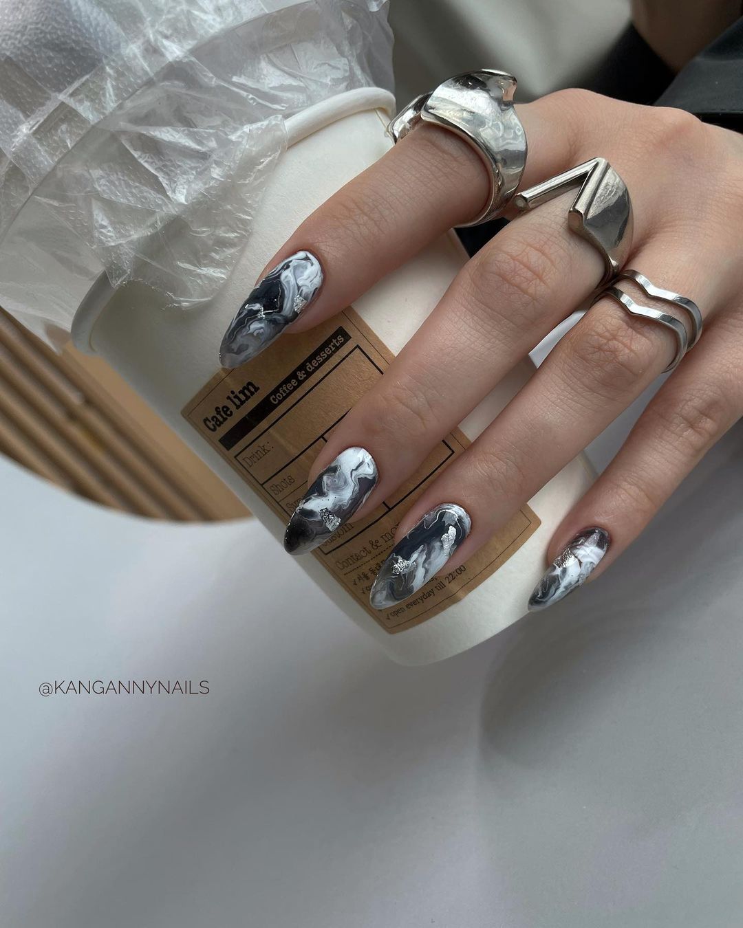 Long Round Black and White Marble Nails