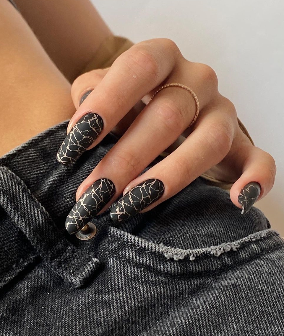 Long Round Black Gel Nail with Silver Lines