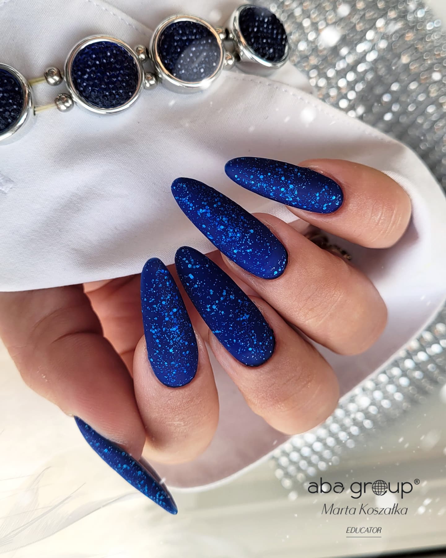 Long Round Sparkly Dark Blue Nails