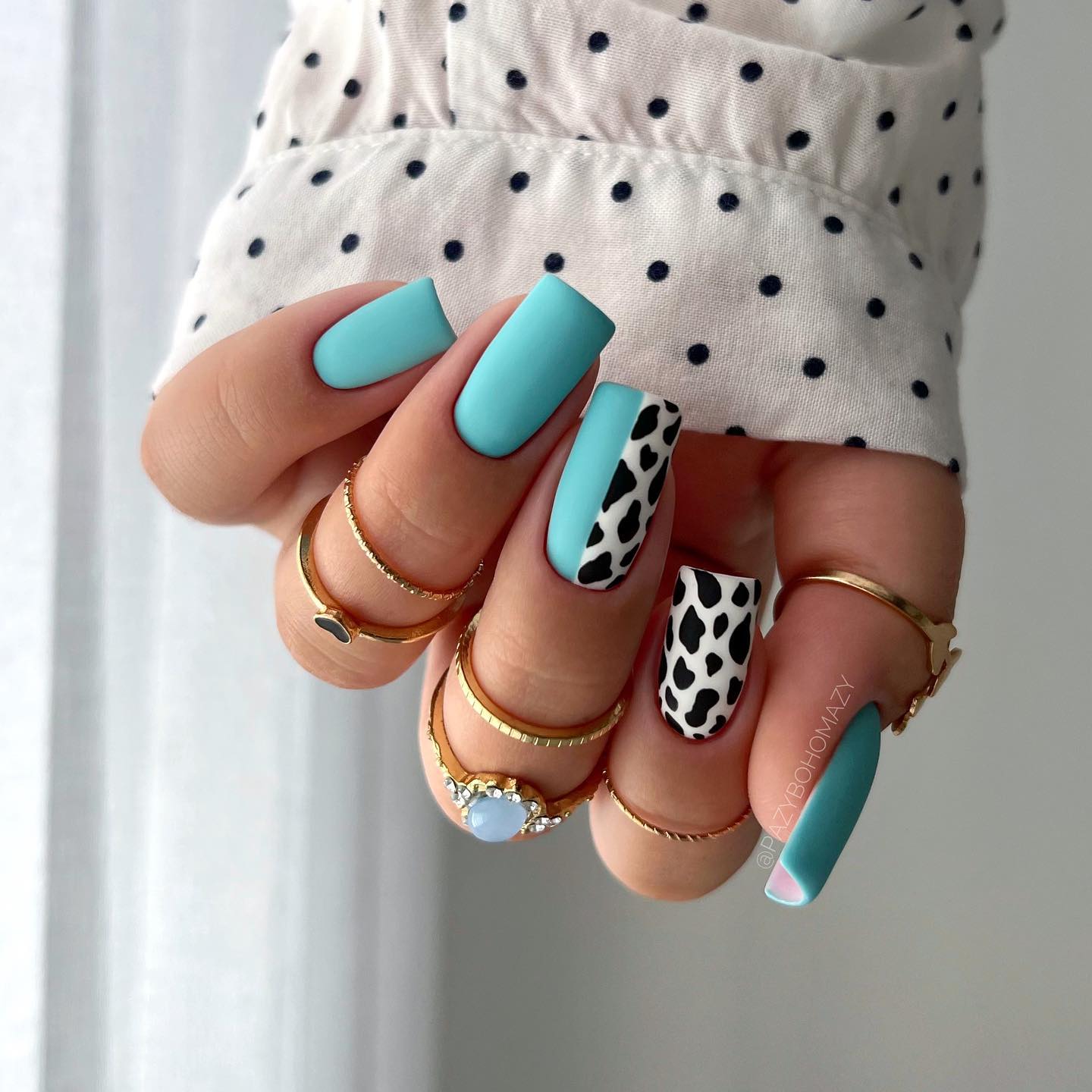 Matte Blue Nails with Black and White Cow Print
