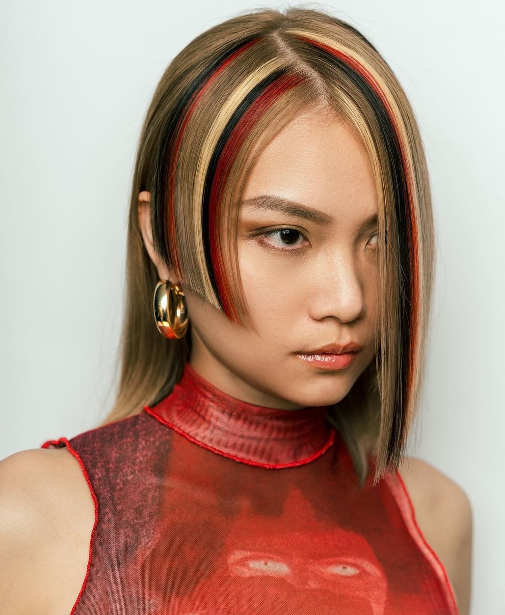 Modern Hime Cut with Blonde and Red Stripes