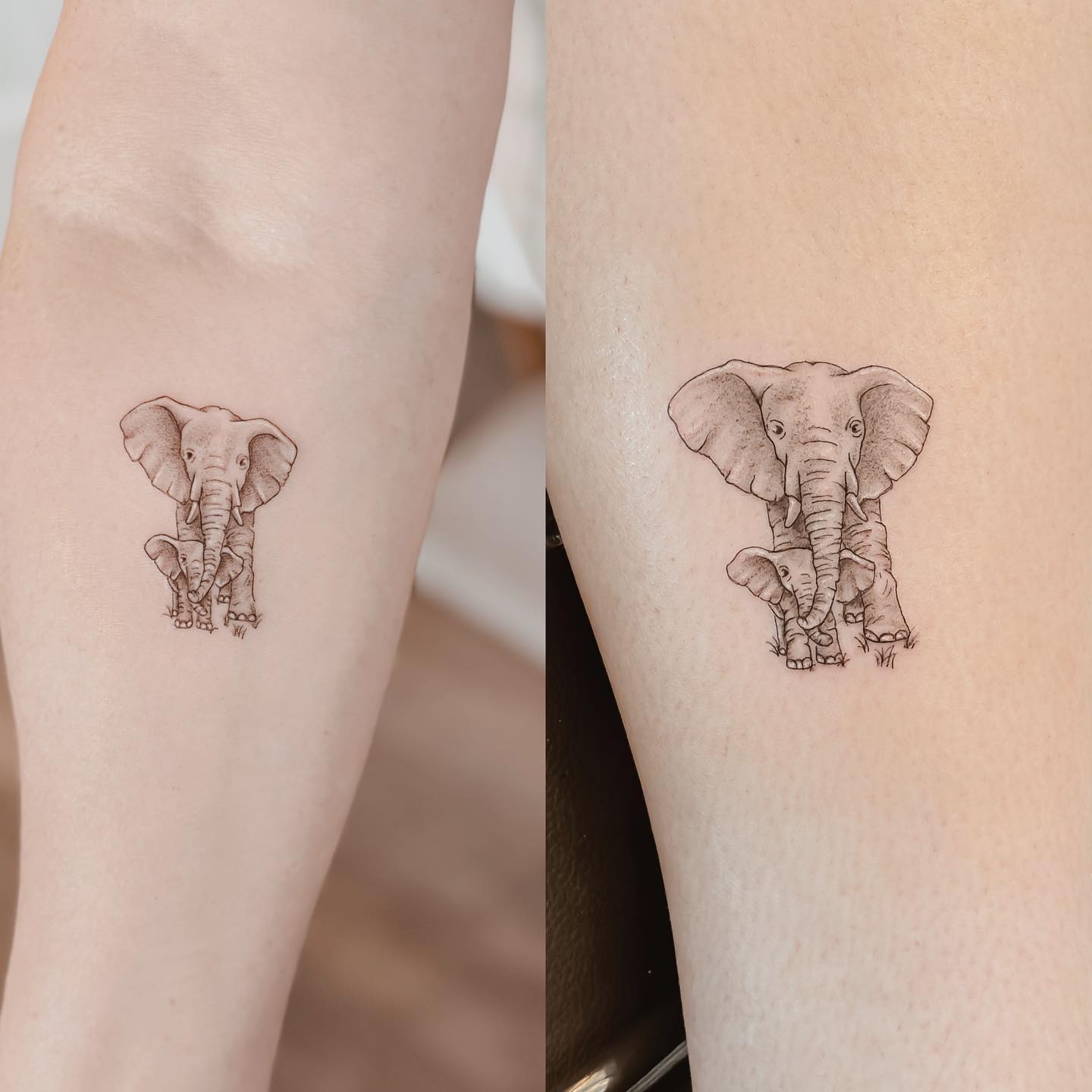 Mother and Daughter Elephants Tattoo on Arms