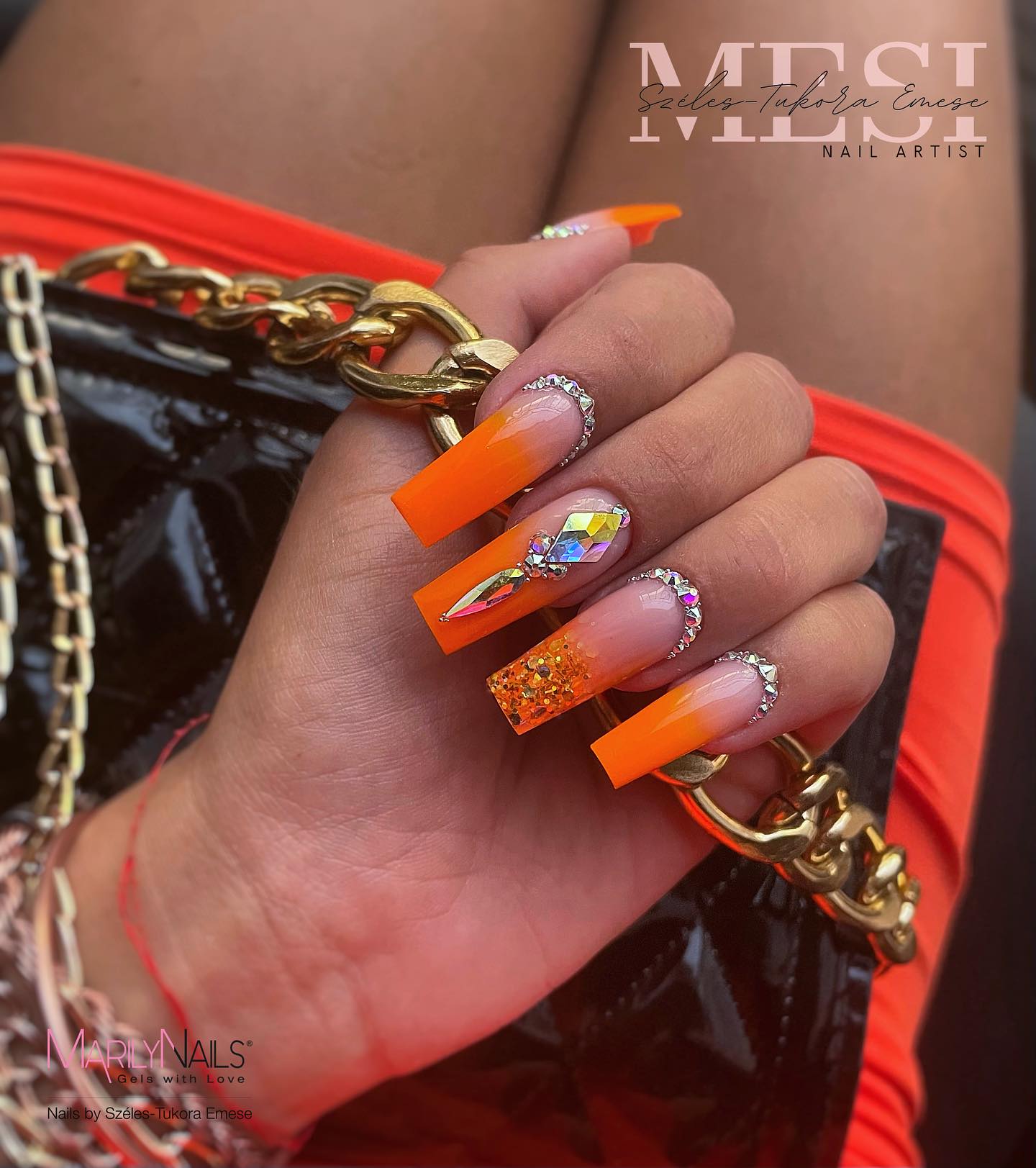 Orange Acrylic Nails with Rhinestones