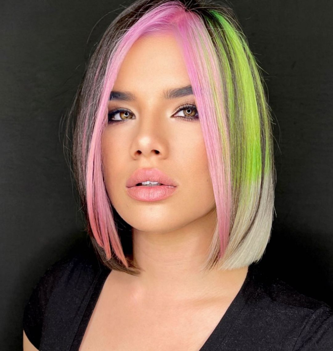 Pink and Green Hair Highlights on Bob Cut