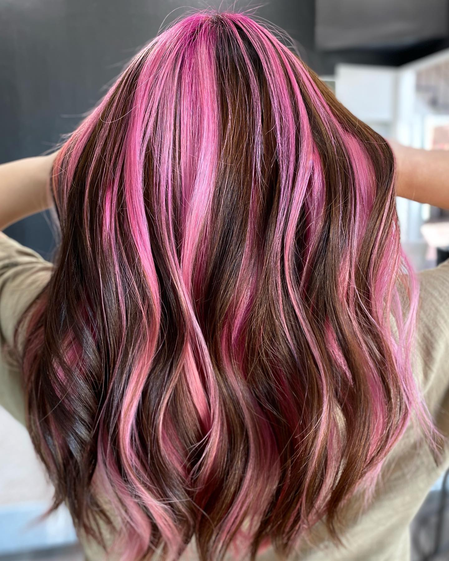 Pink Highlights on Straight Brown Hair
