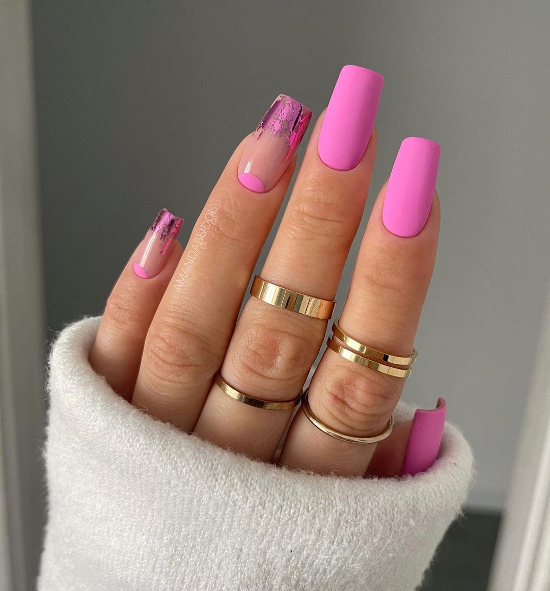 Pink Square Nails with Pink Foil and Matte Finish