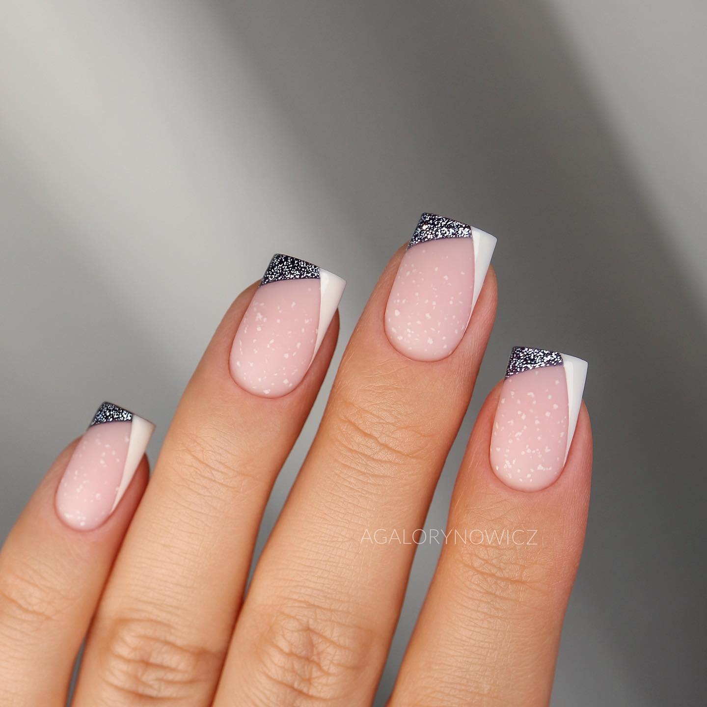 Short French Nails with Geometric Glitter Tips