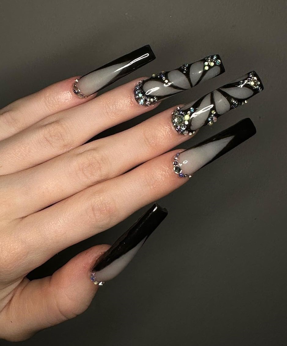 Square Long Nails with Black Butterfly Design